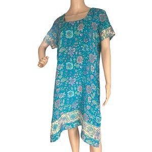 Handmade Teal Floral crystal Dress Boho Short Sleeve Midi Rayon Tunic